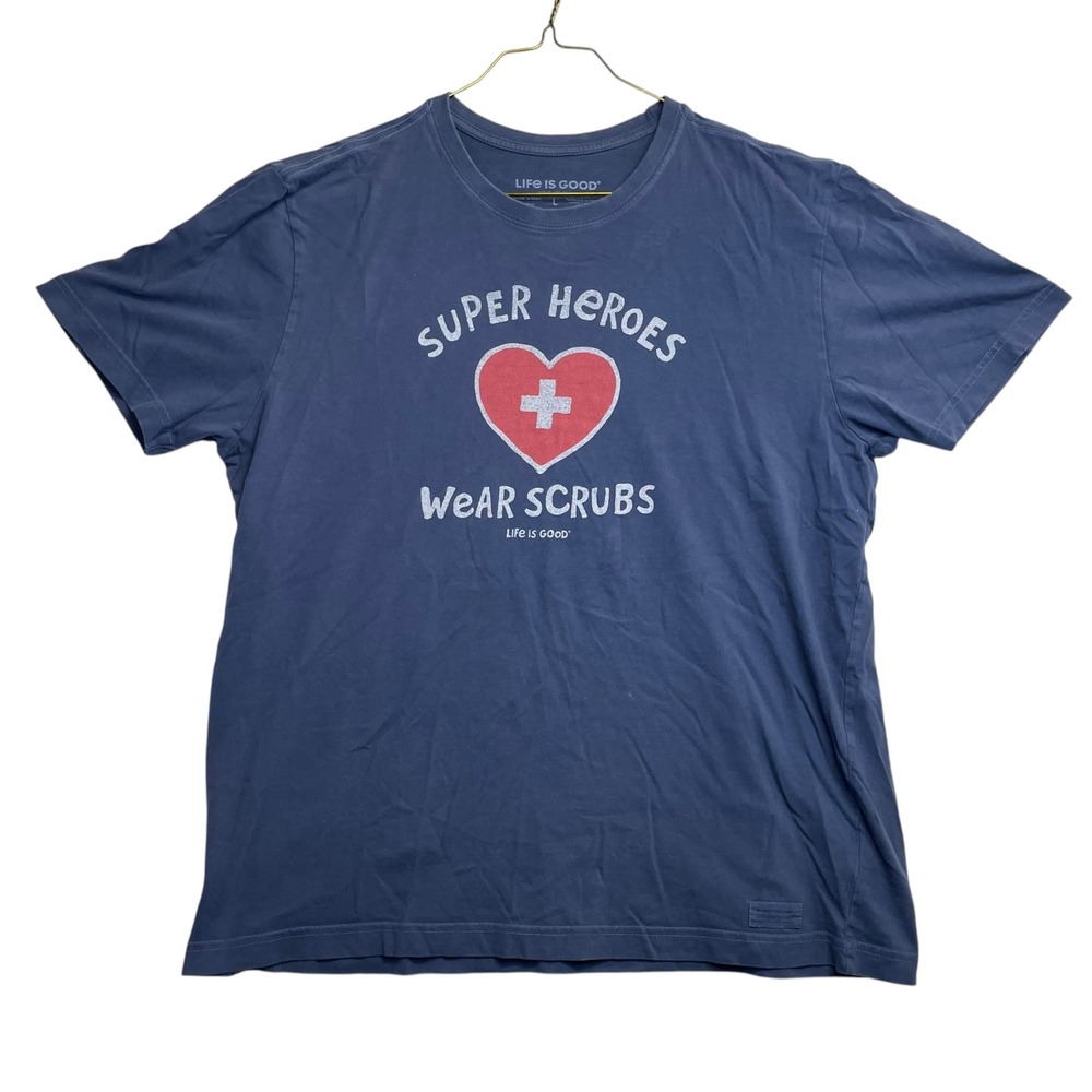 Life is Good Crusher Tee Mens Large Blue Super Heroes Wear Scrubs Graphic Shirt